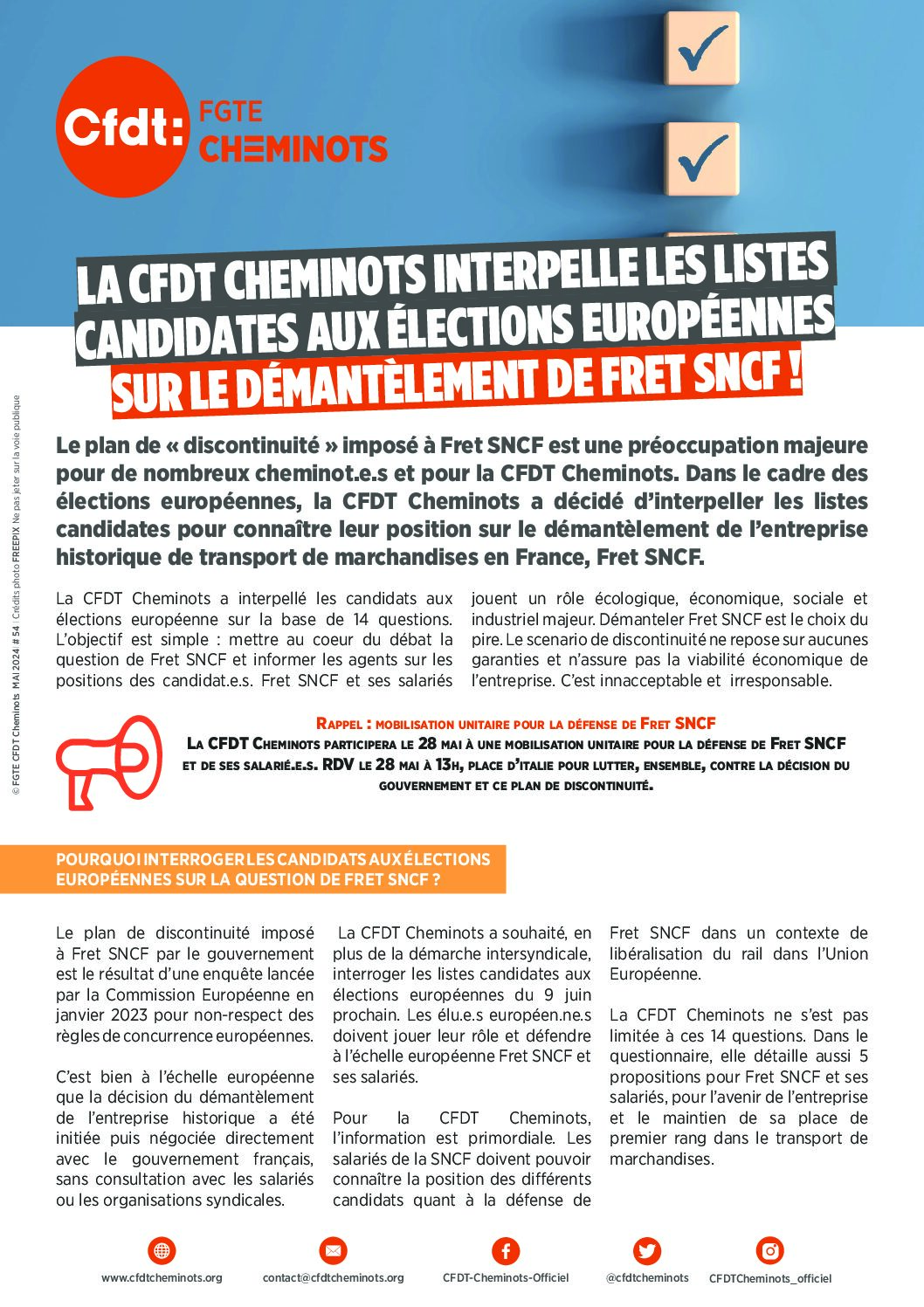 La CFDT Cheminots interpelle les listes candidates aux élections européennes sur le démantèlement de FRET SNCF